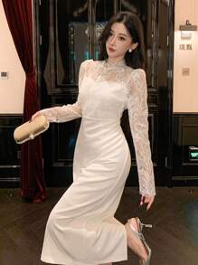 DAZY Contrast Lace Stand Collar Lantern Sleeve Mid-Length Dress For Women, Birthday, New Year Eve Prom Dress Elegant,Fall Clothes Long Sleeve Dress