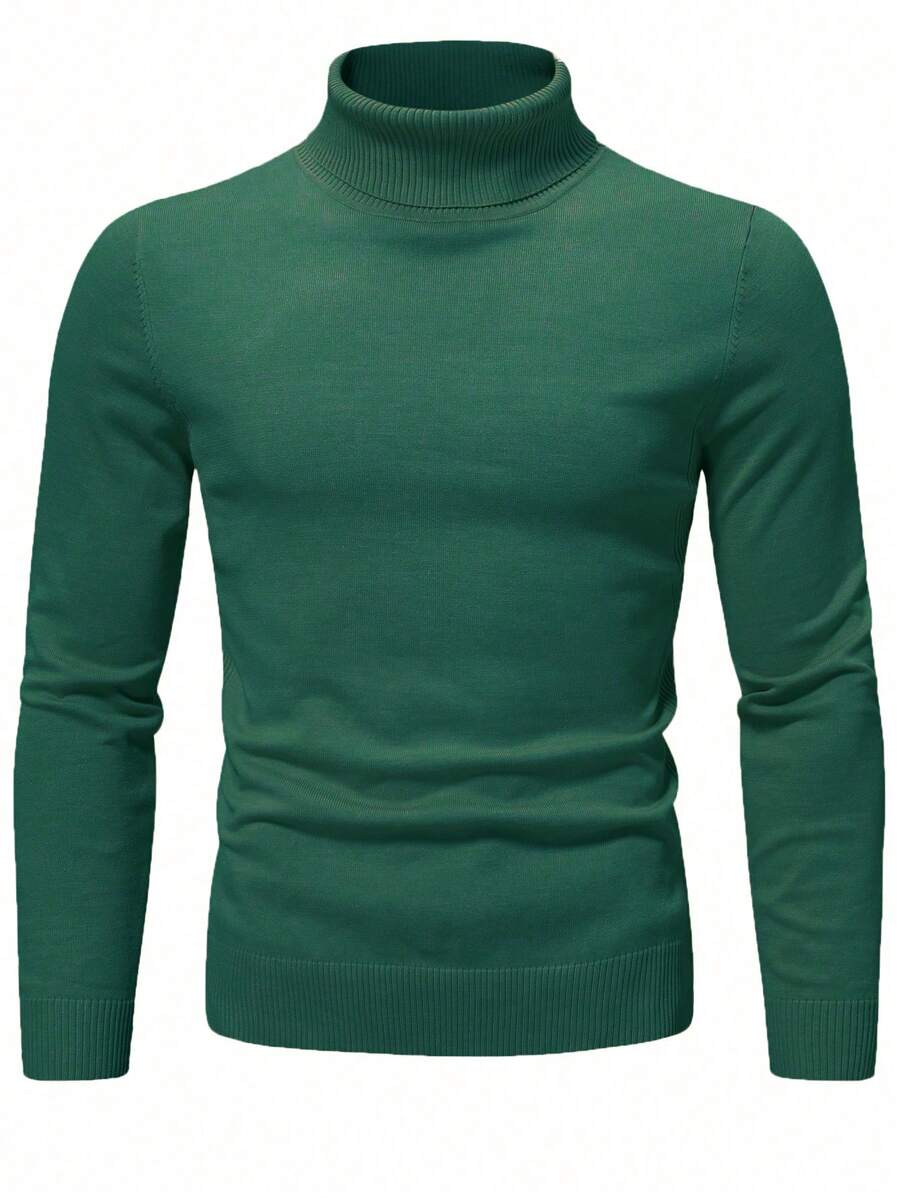 Manfinity Homme Men's Casual Minimalist Solid Color Turtleneck Pullover Sweater, For Everyday Wear - Army Green - View 1