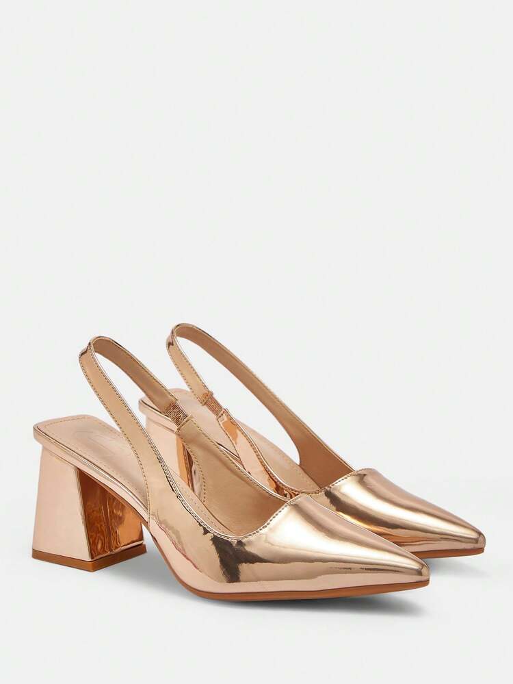 CUCCOO BIZCHIC Stylish Champagne Patent Metallic Material Backstrap Pointed Toe Chunky Heels Women's Pumps For Commuting, Dating, Party, Wedding, Holiday Spring Shoes Spring Break Easter For Christmas Spring Shoes