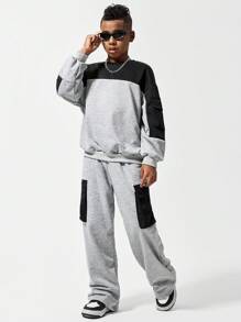SHEIN Set de 2 piezas para niños preadolescentes, ajuste holgado con bolsillo de patchwork informal - Neblina azul - Ver 3