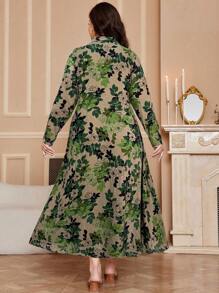 Al Najma Plus Size Women Botanical Print Long Sleeve Single Breasted Dress, Arabic Clothing, Casual,Modest For Casual Daily/Travel/Holiday/Vacation/Homewear, Maxi Length Plus Size Arabian Wear