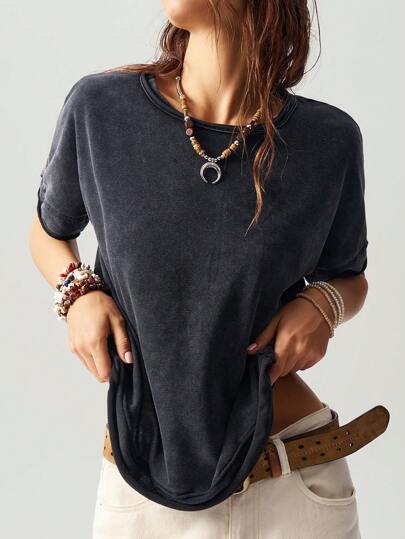 Bohemela Casual Cor Sólida Malha Gola Redonda Manga Curta Solta Recorte Borboleta Costas Camiseta Feminina Top