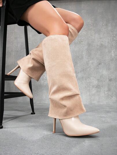 CUCCOO SZL 尖头性感绒面细高跟及膝靴，杏色，适合新年、圣诞节
