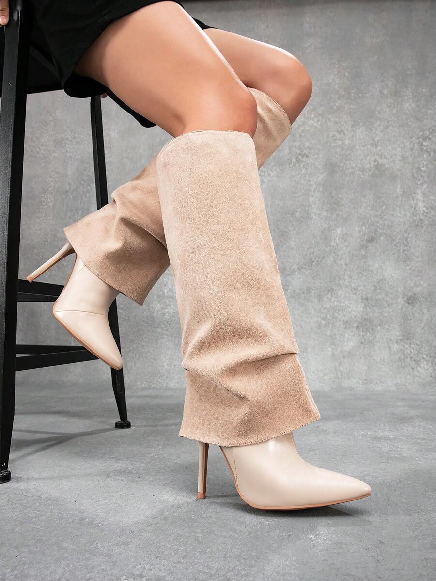 CUCCOO SZL Pointed Toe Sexy Suede Stiletto Knee High Boots, Apricot Color, For New Year, Christmas - Apricot - View 1