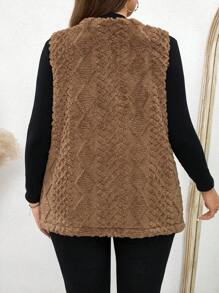 SHEIN LUNE Áo vest hở hai túi phía trước họa tiết lông mềm mại cỡ lớn dành cho nữ, thích hợp mặc vào mùa thu, quần áo mùa thu cỡ lớn - Màu be - Xem 2