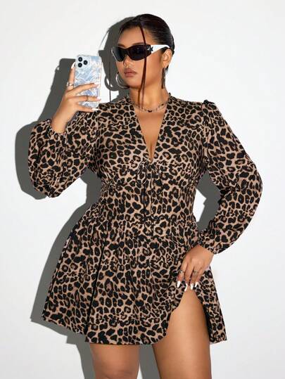 SHEIN ICON Plus Size Tie Front Långärmad Leopard Print Bubble Hem Klänning, Casual Vardagskläder