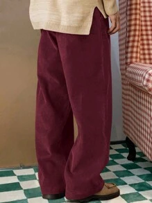 Claim Dot 男式宽松斜口袋阔腿灯芯绒裤，无腰带，秋冬适用 - 酒紅色 - 查看 2