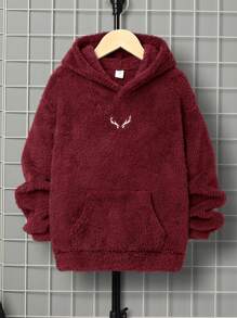 SHEIN Tween Boy Embroidered Two-Sided Fleece Hoodie Pullover, Casual