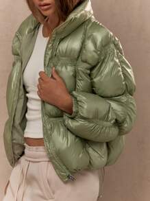 MISSGUIDED Winter Puffer Jacket Quilted Stand Collar Crop Bubble Outerwear High Neck Soft Touch Puffy Casual Streetwear Autumn Coat - Olive Green - View 4