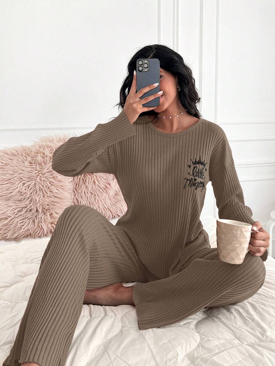 RueChic 100%Cotton Letter Graphic Ribbed Knit Lounge Set - Brown - View 1