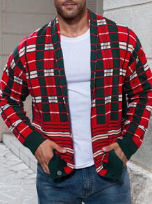 Manfinity Homme Men Plus Size Casual Everyday Contrast Color Button Front Shawl Collar Cardigan, Autumn & Winter, Christmas - Multicolor - View 7
