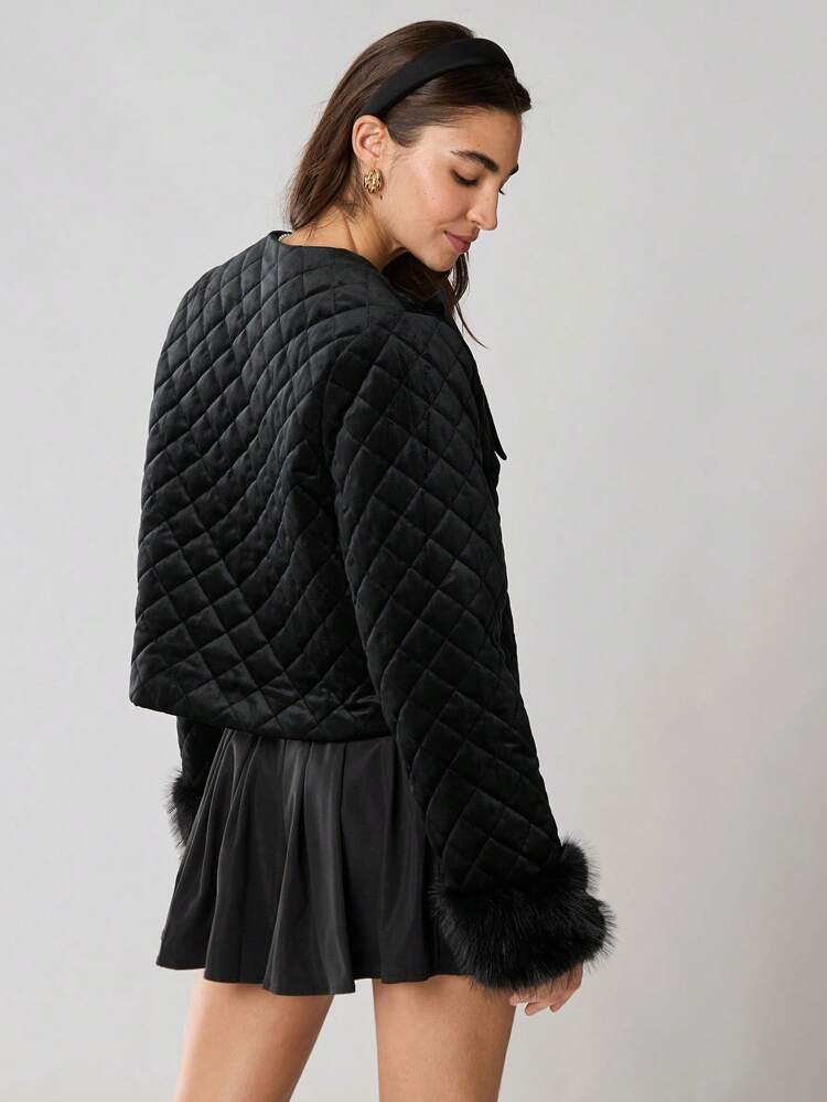 Women's Black Bow Tie Decorated Raw Edge Sleeves, Velvet Quilted Cropped Slim Long-Sleeved Jacket, Sweet Daughter, Daily And Work,Fall Women Clothes,Winter Women Coats,