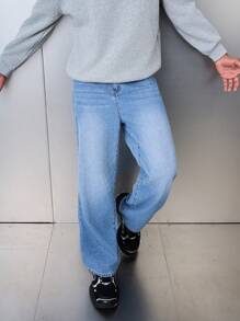 SHEIN Jeans rectos holgados y cómodos de mezclilla azul casual de moda para adolescentes varones, para uso diario y ropa de otoño/invierno para chicos adolescentes