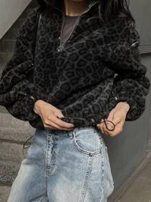 DAZY Casual Leopard Print Fleece Sweatshirt, Fall/Winter,Long Sleeve Tops,Fleece Lined