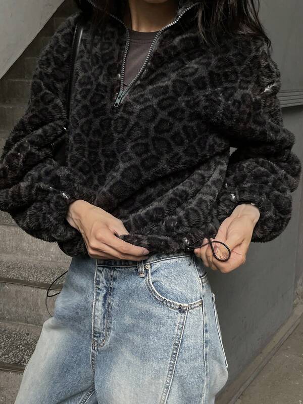 DAZY Sudadera casual con estampado de leopardo, forrada de felpa, de manga larga, para otoño/invierno