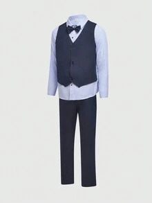 SHEIN Bộ vest trang trọng 3 món cho bé trai tuổi teen: Áo sơ mi dài tay cổ sọc, nơ tương phản, quần trơn màu, đi học, ngày lễ, đám cưới, tiệc sinh nhật, thu/đông - Nhiều màu - Xem 14