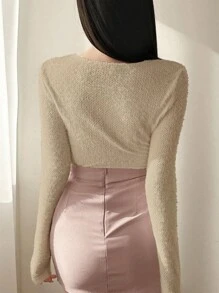 DAZY Women's Solid Color Crystal Decor Long Sleeve Hollow Casual T-Shirt,Fall Women Clothes