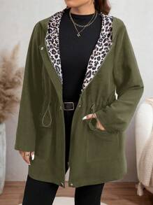 SHEIN LUNE 大码女式抽绳腰休闲豹纹拼布夹克，秋季