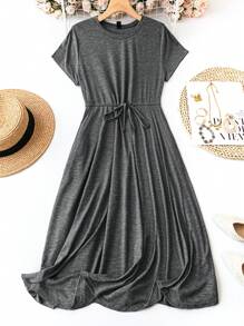 SHEIN LUNE 大码女式纯色圆领短袖系带休闲连衣裙节日派对连衣裙女士派对连衣裙 - 深灰色 - 查看 1