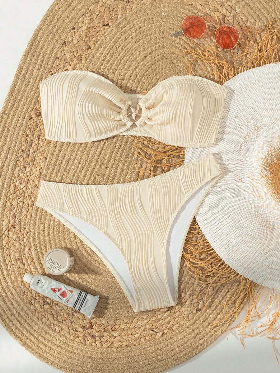 2 chiếc áo Bandeau họa tiết gợn sóng thanh lịch dành cho nữ màu trơn có họa tiết ngôi sao kim loại kết hợp với quần short bơi gợn sóng tối giản, bộ bikini dành cho người lớn mùa hè - Màu be - Xem 1