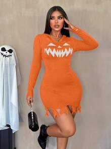 VaVaBold Vestido de suéter con capucha sexy, ajustado y calado con estampado de calabaza con dientes grandes para Halloween, ropa de color naranja