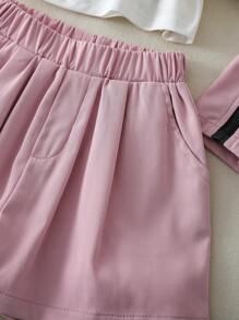 SHEIN Bộ 3 món/Bộ trang phục thời trang mới cho bé gái, Áo crop top cổ bèo nhún sang trọng thanh lịch phong cách Hàn Quốc, Áo sơ mi có dây đeo, Váy cạp cao, Áo khoác thể thao giản dị thời trang, Bộ quần áo dễ thương ngọt ngào - Hồng - Xem 7