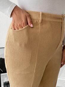 Flirla Plus Size Women Solid Color Pockets Flared Casual Work Pants Fall Cloth For Women - Khaki - View 6