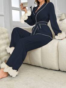 Côtesoire Kontrast-Farbige Rüschen-Trim Damen Pyjama Set, Herbst Winter Kleidung