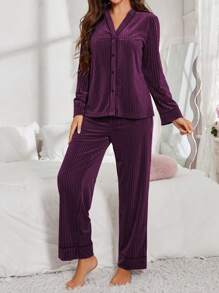 Women Plush Velvet Top And Pants Pajama Set , Fall Winter Clothes - Purple - View 3
