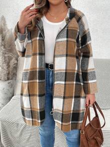 SHEIN VCAY Plus Size Women Plaid Raglan Sleeve Zipper Stand Collar Casual Hooded Coat, Autumn - Multicolor - View 5