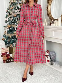 SHEIN Clasi Vestido de mujer de cuadros rojos y verdes con cuello y cintura entallada, ropa navideña - Rojo - Ver 3
