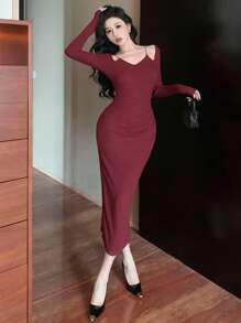 DAZY Women Solid Color Long Sleeve Pleated Mid-Length Wrap Dress,Elegant Burgundy Autumn Dinner Date Prom Dress,New Year Eve Valentine's Day Maxi Dress - Red - View 2
