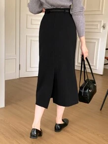 DAZY 女士纯色后开衩铅笔裙 - 黑色 - 查看 2