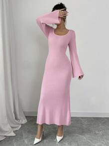 Chiquease Solid Color Long Loose Elegant Bell Sleeve Maxi Sweater Dress, Pink, For Autumn