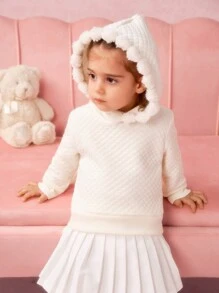 SHEIN Baby Girls' Simple Pom Pom Decor Sweatshirt, For Outdoor Wear, Spring And Autumn - Apricot - View 4