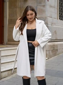 SHEIN Cottnline Plus Size Lapel Neck Belted PU Leather Long Trench Coat White Color - White - View 3