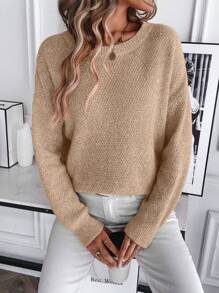SHEIN LUNE Women's Casual Solid Color Dropped Shoulder Loose Oversized Pullover Sweater Knit Pullover Fall Winter - Khaki - View 3