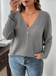 SHEIN LUNE Knit Textured V-Neck Button Decor Fitted Long Sleeve T-Shirt