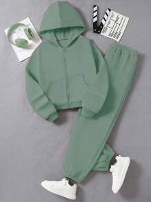 2pcs/Set Teen Girl Plain Front Zip Hoodie Top With Pocket & Pants Casual Tracksuit - Green - View 1