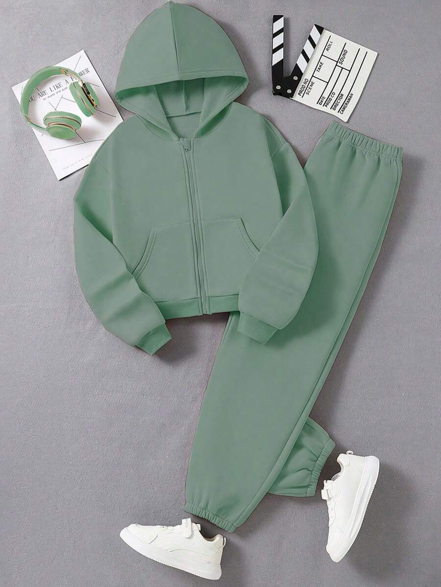 2pcs/Set Teen Girl Plain Front Zip Hoodie Top With Pocket & Pants Casual Tracksuit - Green - View 1