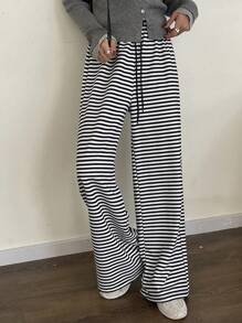 DAZY 新款秋季宽松休闲女式条纹抽绳腰阔腿裤 - 黑色 - 查看 1
