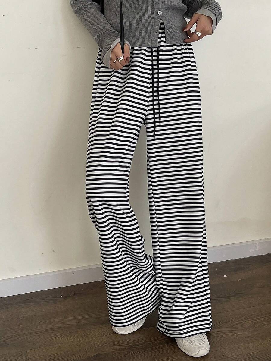 DAZY 新款秋季宽松休闲女式条纹抽绳腰阔腿裤 - 黑色 - 查看 1