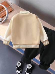 Young Boys Letter Print Striped Long Sleeve Single-Breasted Casual Baseball Jacket And Pants Set, Suitable For Boys Everyday Wear In Autumn - Khaki - View 2