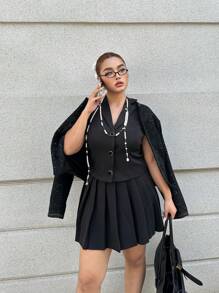 Calvaya 2pcs Plus Size Women Ensemble: Business Lapel Collar Contracted Vest + Pleated A-Line Skirt - Black - View 1