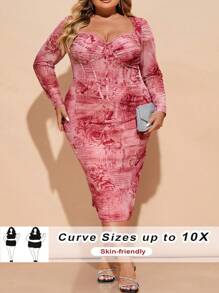 SHEIN CURVE+ 大码浪漫约会旅行蕾丝花卉印花网眼紧身中长连衣裙