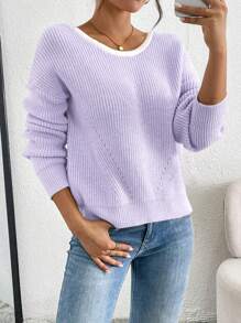 Chiquease 休闲日常拼色蝴蝶结装饰落肩宽松针织毛衣，秋冬 - 淡紫色 - 查看 6