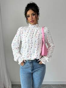 Calvaya Camiseta ajustada de mujer de cuello alto con mangas largas, adorno de volantes y gráfico de corazón colorido, para otoño e invierno