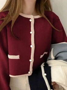 DAZY Cárdigan ajustado de cuello redondo acanalado con bloques de color, para la temporada navideña, otoño, vacaciones, con mangas largas, ropa de mujer de otoño