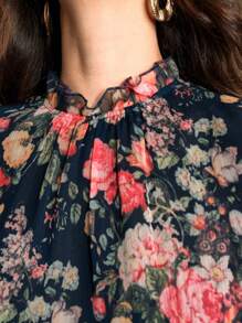 Anewsta 夏季花卉印花优雅中长款女士连衣裙 - 藍色 - 查看 3