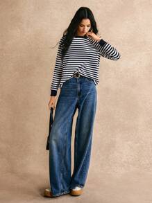 Poéselle Sọc Tay Raglan Áo thun - Màu xanh hải quân - Xem 3